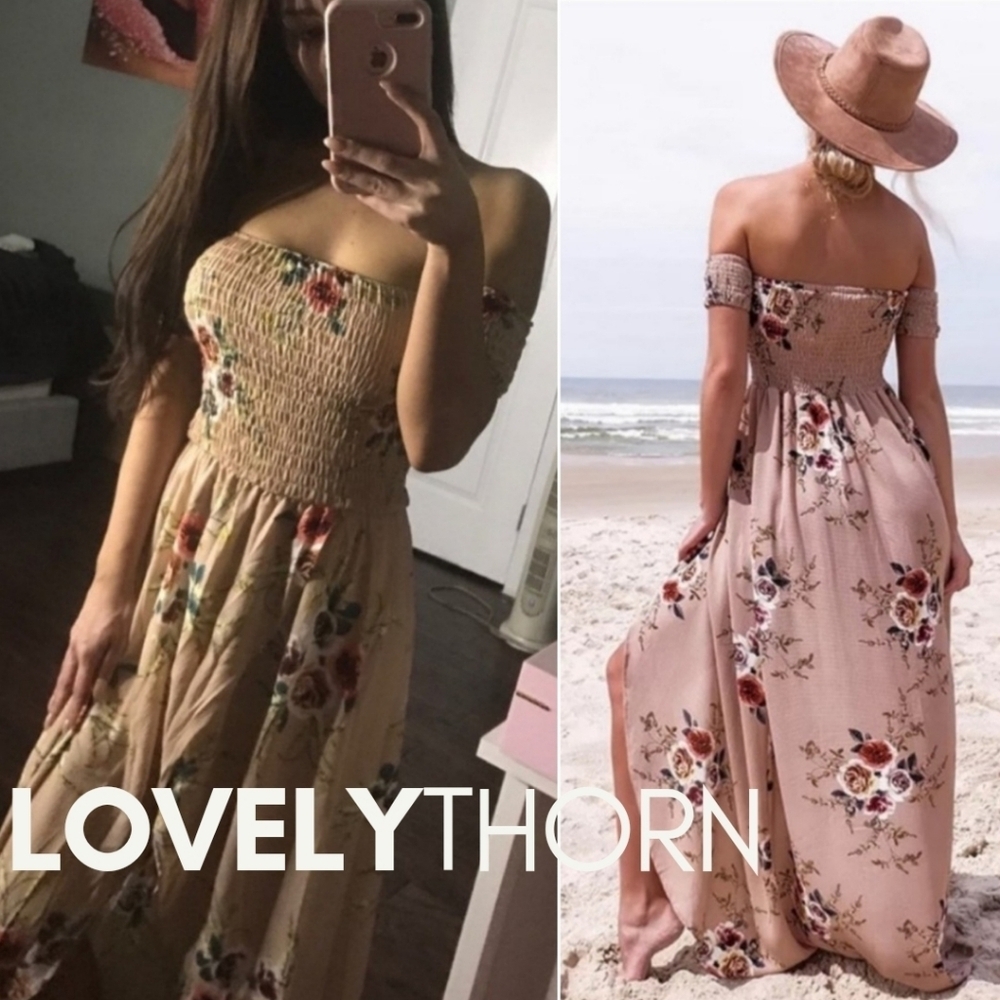 BOUTIQUE // floral print off the shoulder smocked high front slit maxi dress